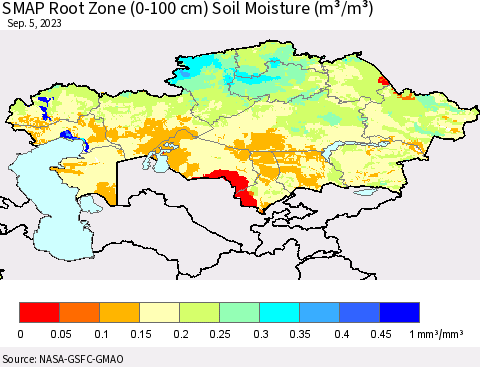 Kazakhstan SMAP Root Zone (0-100 cm) Soil Moisture (m³/m³) Thematic Map For 9/1/2023 - 9/5/2023