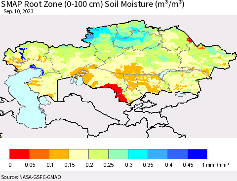 Kazakhstan SMAP Root Zone (0-100 cm) Soil Moisture (m³/m³) Thematic Map For 9/6/2023 - 9/10/2023