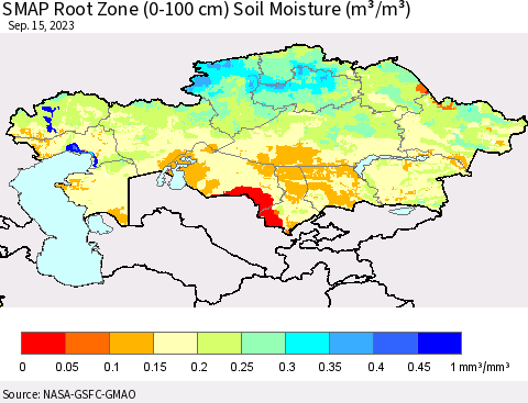 Kazakhstan SMAP Root Zone (0-100 cm) Soil Moisture (m³/m³) Thematic Map For 9/11/2023 - 9/15/2023