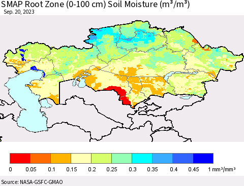 Kazakhstan SMAP Root Zone (0-100 cm) Soil Moisture (m³/m³) Thematic Map For 9/16/2023 - 9/20/2023