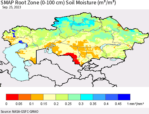 Kazakhstan SMAP Root Zone (0-100 cm) Soil Moisture (m³/m³) Thematic Map For 9/21/2023 - 9/25/2023