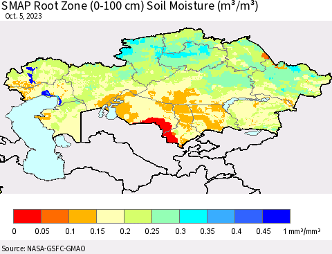 Kazakhstan SMAP Root Zone (0-100 cm) Soil Moisture (m³/m³) Thematic Map For 10/1/2023 - 10/5/2023