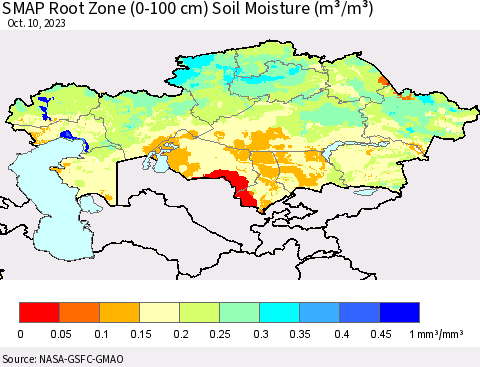Kazakhstan SMAP Root Zone (0-100 cm) Soil Moisture (m³/m³) Thematic Map For 10/6/2023 - 10/10/2023