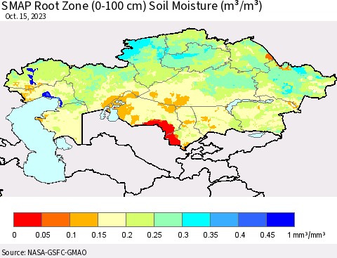 Kazakhstan SMAP Root Zone (0-100 cm) Soil Moisture (m³/m³) Thematic Map For 10/11/2023 - 10/15/2023