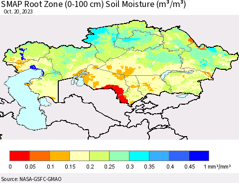 Kazakhstan SMAP Root Zone (0-100 cm) Soil Moisture (m³/m³) Thematic Map For 10/16/2023 - 10/20/2023