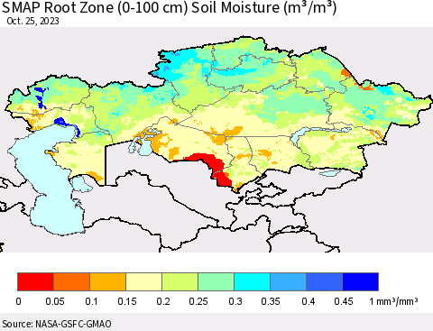 Kazakhstan SMAP Root Zone (0-100 cm) Soil Moisture (m³/m³) Thematic Map For 10/21/2023 - 10/25/2023