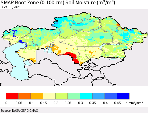 Kazakhstan SMAP Root Zone (0-100 cm) Soil Moisture (m³/m³) Thematic Map For 10/26/2023 - 10/31/2023