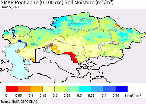 Kazakhstan SMAP Root Zone (0-100 cm) Soil Moisture (m³/m³) Thematic Map For 11/1/2023 - 11/5/2023
