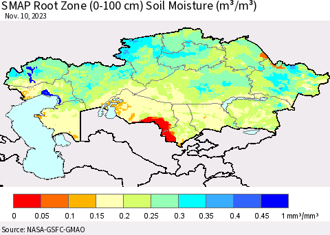 Kazakhstan SMAP Root Zone (0-100 cm) Soil Moisture (m³/m³) Thematic Map For 11/6/2023 - 11/10/2023