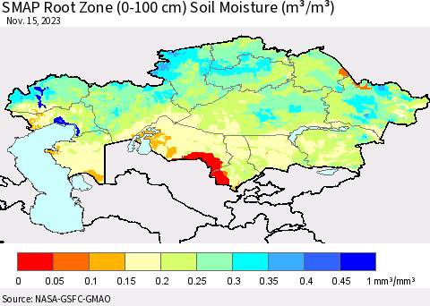 Kazakhstan SMAP Root Zone (0-100 cm) Soil Moisture (m³/m³) Thematic Map For 11/11/2023 - 11/15/2023