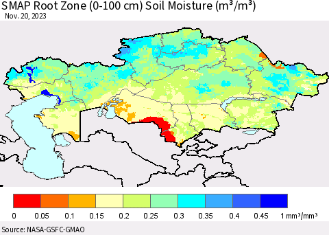 Kazakhstan SMAP Root Zone (0-100 cm) Soil Moisture (m³/m³) Thematic Map For 11/16/2023 - 11/20/2023