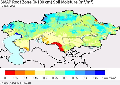 Kazakhstan SMAP Root Zone (0-100 cm) Soil Moisture (m³/m³) Thematic Map For 12/1/2023 - 12/5/2023