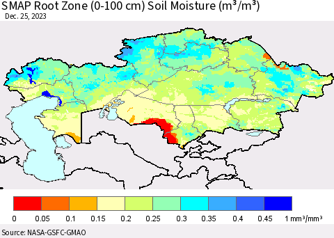 Kazakhstan SMAP Root Zone (0-100 cm) Soil Moisture (m³/m³) Thematic Map For 12/21/2023 - 12/25/2023