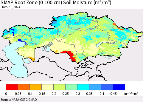 Kazakhstan SMAP Root Zone (0-100 cm) Soil Moisture (m³/m³) Thematic Map For 12/26/2023 - 12/31/2023