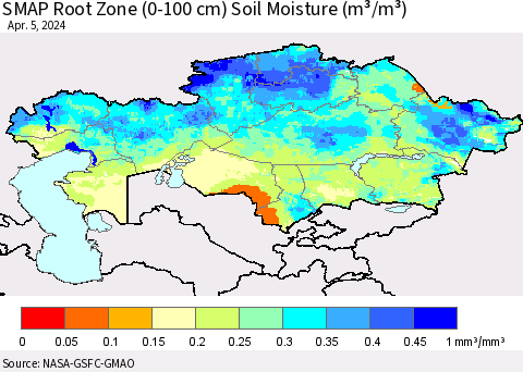 Kazakhstan SMAP Root Zone (0-100 cm) Soil Moisture (m³/m³) Thematic Map For 4/1/2024 - 4/5/2024