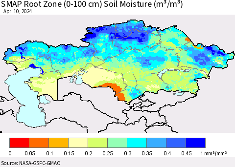 Kazakhstan SMAP Root Zone (0-100 cm) Soil Moisture (m³/m³) Thematic Map For 4/6/2024 - 4/10/2024