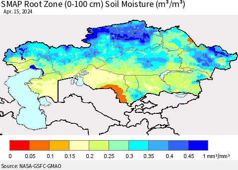 Kazakhstan SMAP Root Zone (0-100 cm) Soil Moisture (m³/m³) Thematic Map For 4/11/2024 - 4/15/2024