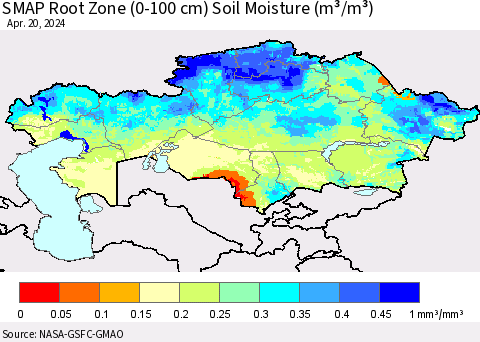 Kazakhstan SMAP Root Zone (0-100 cm) Soil Moisture (m³/m³) Thematic Map For 4/16/2024 - 4/20/2024
