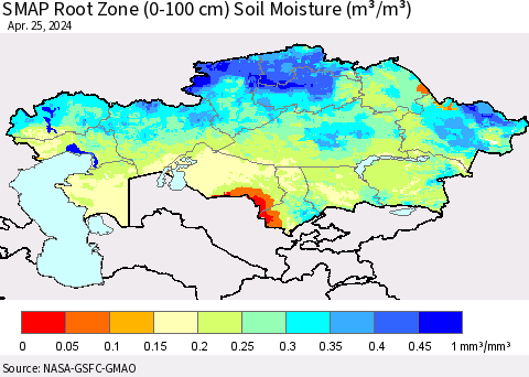 Kazakhstan SMAP Root Zone (0-100 cm) Soil Moisture (m³/m³) Thematic Map For 4/21/2024 - 4/25/2024