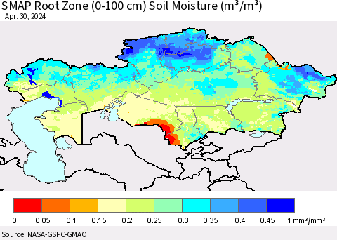Kazakhstan SMAP Root Zone (0-100 cm) Soil Moisture (m³/m³) Thematic Map For 4/26/2024 - 4/30/2024