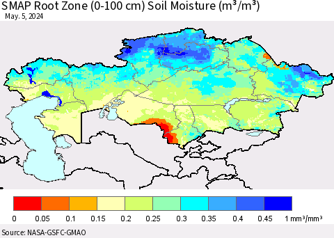 Kazakhstan SMAP Root Zone (0-100 cm) Soil Moisture (m³/m³) Thematic Map For 5/1/2024 - 5/5/2024