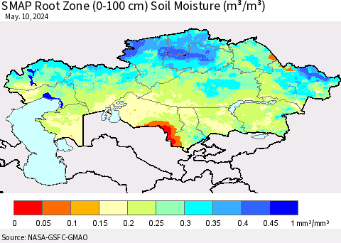 Kazakhstan SMAP Root Zone (0-100 cm) Soil Moisture (m³/m³) Thematic Map For 5/6/2024 - 5/10/2024