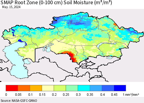 Kazakhstan SMAP Root Zone (0-100 cm) Soil Moisture (m³/m³) Thematic Map For 5/11/2024 - 5/15/2024