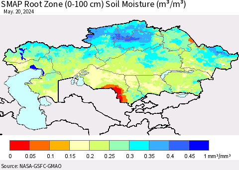 Kazakhstan SMAP Root Zone (0-100 cm) Soil Moisture (m³/m³) Thematic Map For 5/16/2024 - 5/20/2024