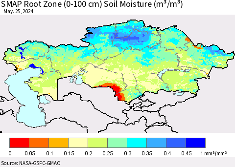 Kazakhstan SMAP Root Zone (0-100 cm) Soil Moisture (m³/m³) Thematic Map For 5/21/2024 - 5/25/2024