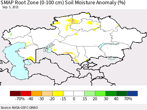 Kazakhstan SMAP Root Zone (0-100 cm) Soil Moisture Anomaly (%) Thematic Map For 9/1/2021 - 9/5/2021