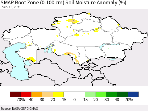 Kazakhstan SMAP Root Zone (0-100 cm) Soil Moisture Anomaly (%) Thematic Map For 9/6/2021 - 9/10/2021