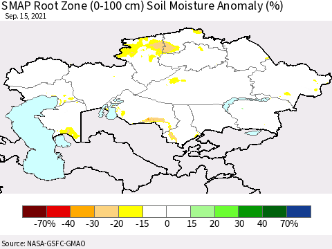 Kazakhstan SMAP Root Zone (0-100 cm) Soil Moisture Anomaly (%) Thematic Map For 9/11/2021 - 9/15/2021