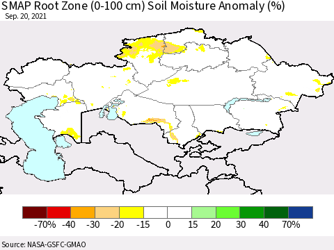 Kazakhstan SMAP Root Zone (0-100 cm) Soil Moisture Anomaly (%) Thematic Map For 9/16/2021 - 9/20/2021