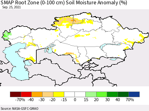 Kazakhstan SMAP Root Zone (0-100 cm) Soil Moisture Anomaly (%) Thematic Map For 9/21/2021 - 9/25/2021