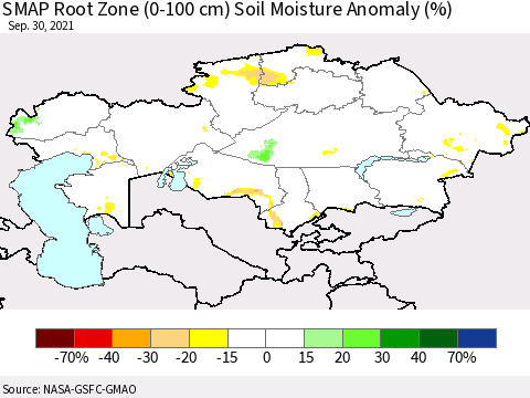 Kazakhstan SMAP Root Zone (0-100 cm) Soil Moisture Anomaly (%) Thematic Map For 9/26/2021 - 9/30/2021