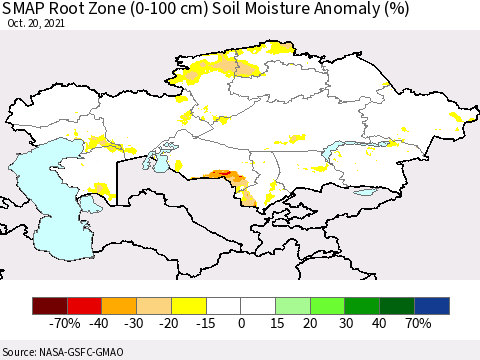 Kazakhstan SMAP Root Zone (0-100 cm) Soil Moisture Anomaly (%) Thematic Map For 10/16/2021 - 10/20/2021