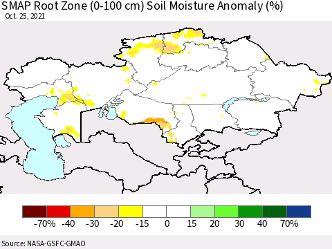 Kazakhstan SMAP Root Zone (0-100 cm) Soil Moisture Anomaly (%) Thematic Map For 10/21/2021 - 10/25/2021