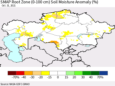 Kazakhstan SMAP Root Zone (0-100 cm) Soil Moisture Anomaly (%) Thematic Map For 10/26/2021 - 10/31/2021