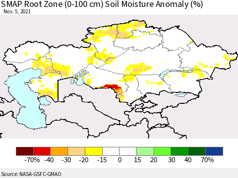 Kazakhstan SMAP Root Zone (0-100 cm) Soil Moisture Anomaly (%) Thematic Map For 11/1/2021 - 11/5/2021