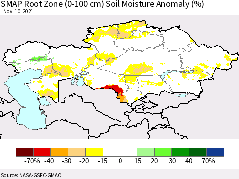 Kazakhstan SMAP Root Zone (0-100 cm) Soil Moisture Anomaly (%) Thematic Map For 11/6/2021 - 11/10/2021