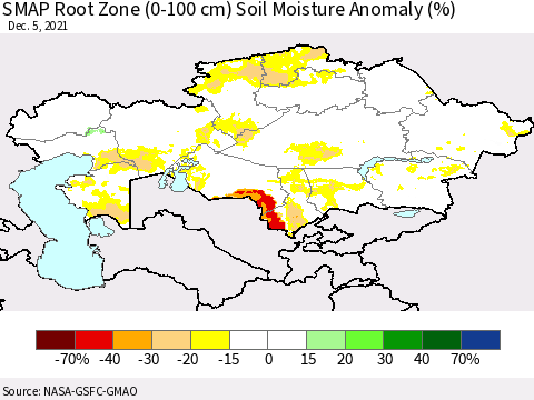 Kazakhstan SMAP Root Zone (0-100 cm) Soil Moisture Anomaly (%) Thematic Map For 12/1/2021 - 12/5/2021