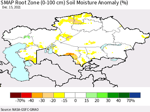 Kazakhstan SMAP Root Zone (0-100 cm) Soil Moisture Anomaly (%) Thematic Map For 12/11/2021 - 12/15/2021