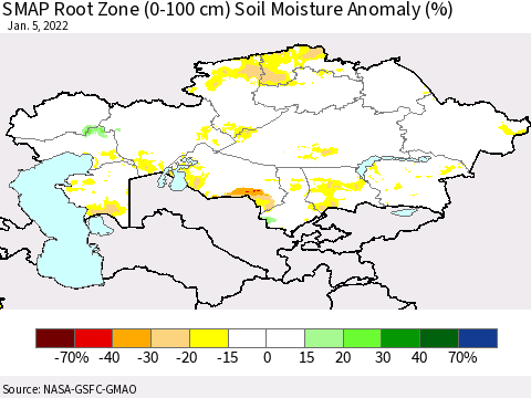 Kazakhstan SMAP Root Zone (0-100 cm) Soil Moisture Anomaly (%) Thematic Map For 1/1/2022 - 1/5/2022
