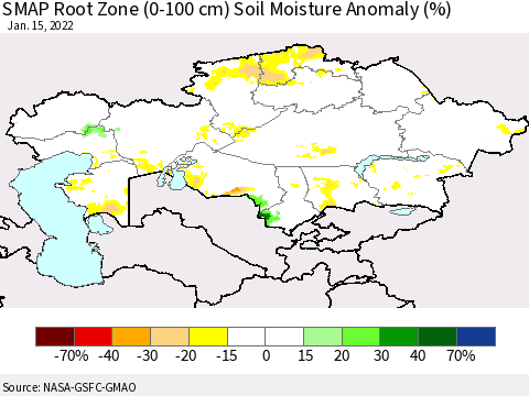 Kazakhstan SMAP Root Zone (0-100 cm) Soil Moisture Anomaly (%) Thematic Map For 1/11/2022 - 1/15/2022