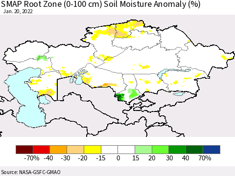 Kazakhstan SMAP Root Zone (0-100 cm) Soil Moisture Anomaly (%) Thematic Map For 1/16/2022 - 1/20/2022