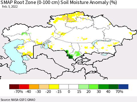 Kazakhstan SMAP Root Zone (0-100 cm) Soil Moisture Anomaly (%) Thematic Map For 2/1/2022 - 2/5/2022