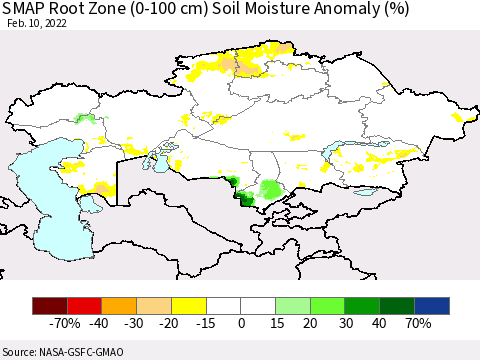 Kazakhstan SMAP Root Zone (0-100 cm) Soil Moisture Anomaly (%) Thematic Map For 2/6/2022 - 2/10/2022