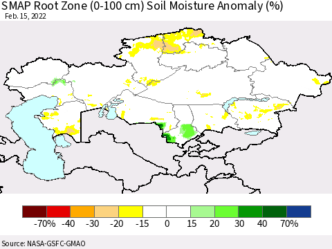 Kazakhstan SMAP Root Zone (0-100 cm) Soil Moisture Anomaly (%) Thematic Map For 2/11/2022 - 2/15/2022