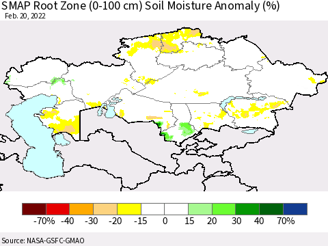 Kazakhstan SMAP Root Zone (0-100 cm) Soil Moisture Anomaly (%) Thematic Map For 2/16/2022 - 2/20/2022