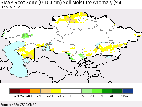 Kazakhstan SMAP Root Zone (0-100 cm) Soil Moisture Anomaly (%) Thematic Map For 2/21/2022 - 2/25/2022